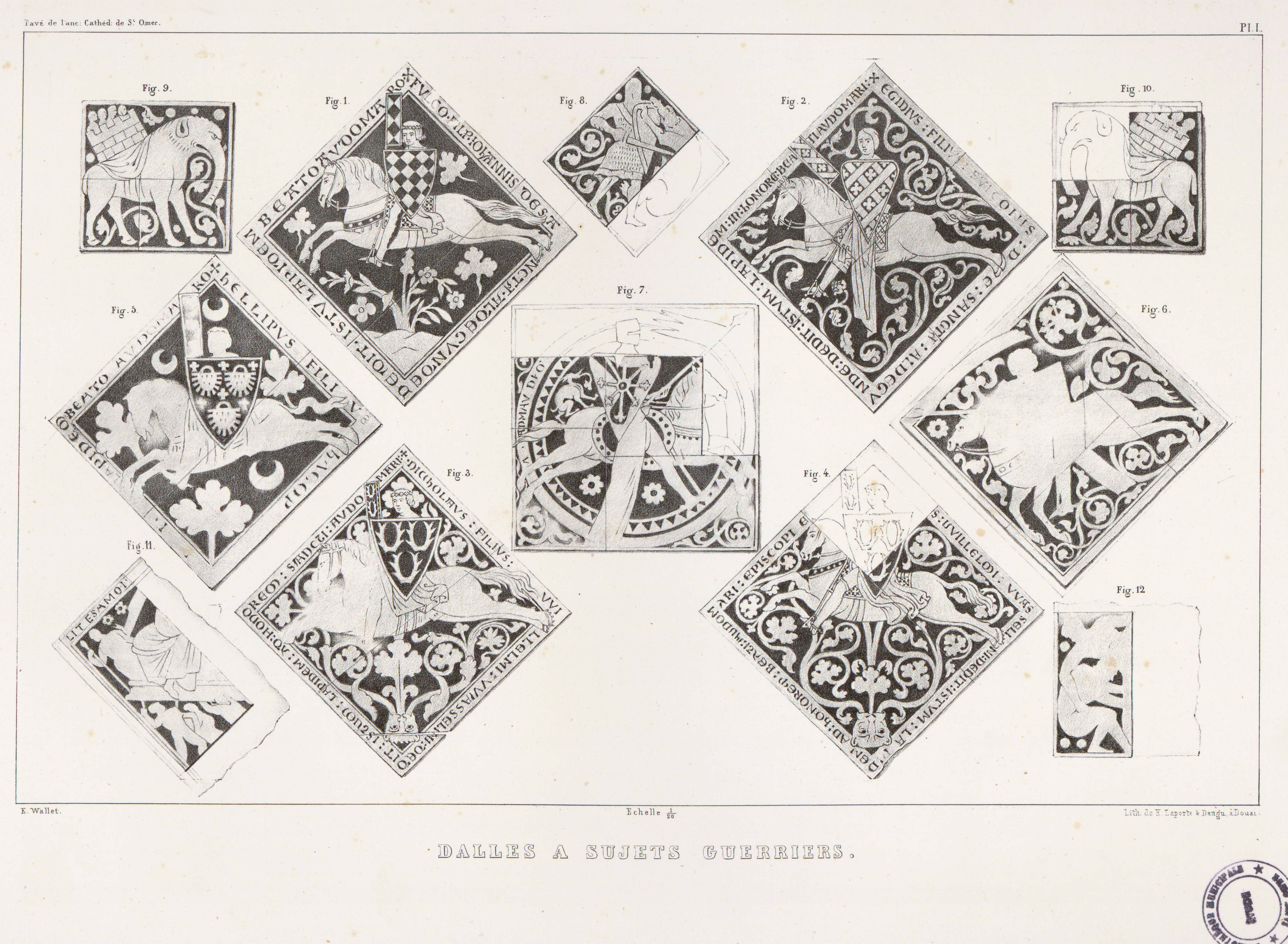 
Planche I : Dalles à sujets guerriers, E. Wallet, lithographie de H. Laporte et Dangu (cote : CPE 653-79 bis/1)